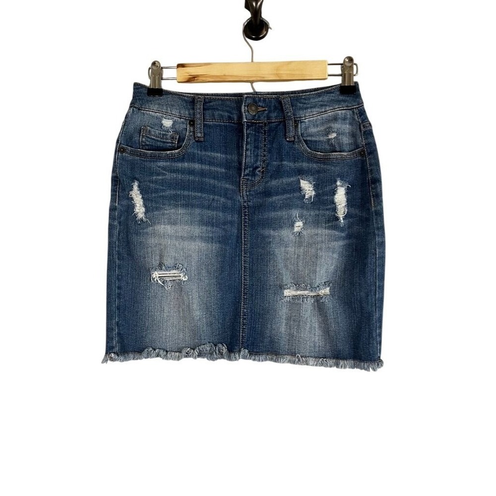 Retro Denim‎ Distressed Mini Skirt Blue 26" Western Cowgirl Boho Indie Festival